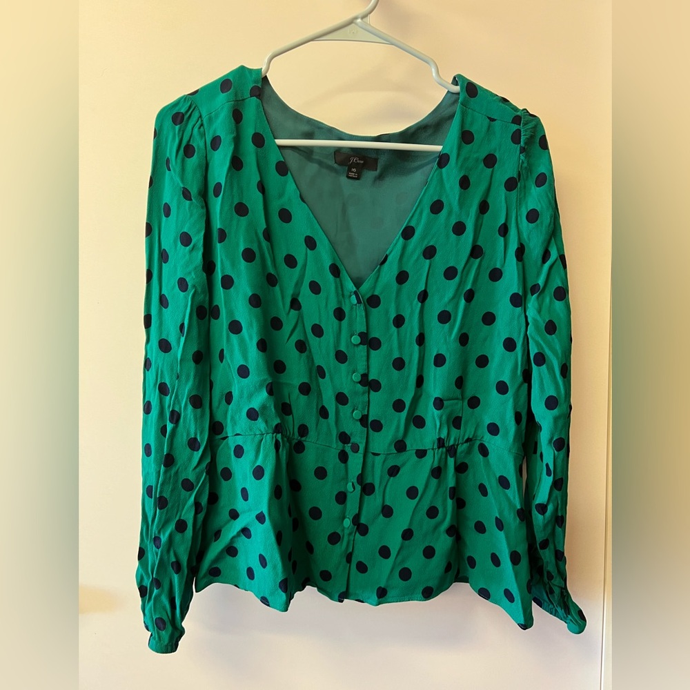 JCrew Green and Navy Polka Dot Peplum Blouse.